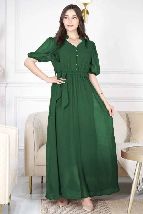 فستان نسائي أنيق طويل لون أحمر أكمام قصيرة و ياقة عالية شكل سبعة بأزرار أمامية ورباط على الخصر