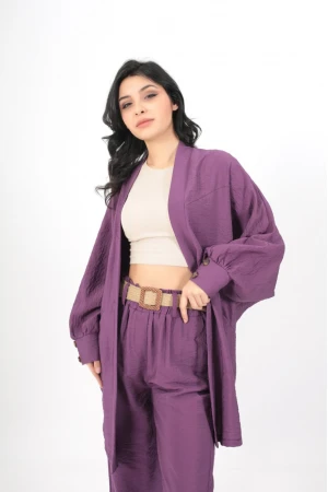 طقم نسائي أنيق قطعتين لون موف كارديغان بجيوب و أكمام طويلة و بنطلون واسع طويل بجيوب و حزام من الخصر 