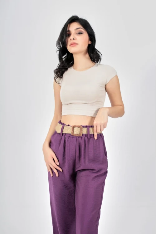 طقم نسائي أنيق قطعتين لون موف كارديغان بجيوب و أكمام طويلة و بنطلون واسع طويل بجيوب و حزام من الخصر