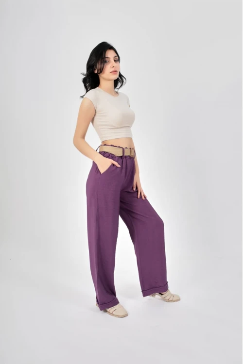 طقم نسائي أنيق قطعتين لون موف كارديغان بجيوب و أكمام طويلة و بنطلون واسع طويل بجيوب و حزام من الخصر