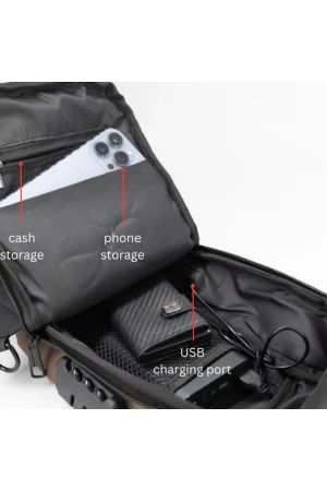 حقيبة ظهر لون بني مع كحلي بجيوب وسحاب من الأمام بقفل مضاد للسرقة مع منفذ شاحن  USB 