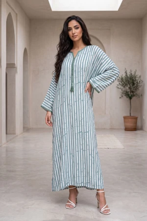 Moroccan women's djellaba, green striped, with embroidered trim on the collar and sleeves.