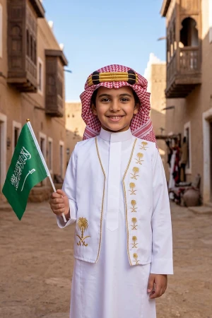 سديري ولادي أنيق مفتوح عليه شعار سيفين ونخلة باللون الذهبي 