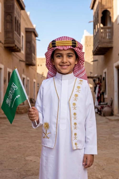 سديري ولادي أنيق مفتوح عليه شعار سيفين ونخلة باللون الذهبي