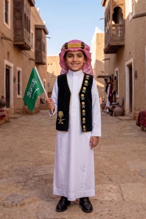 سديري ولادي أنيق مفتوح عليه شعار سيفين ونخلة باللون الذهبي 