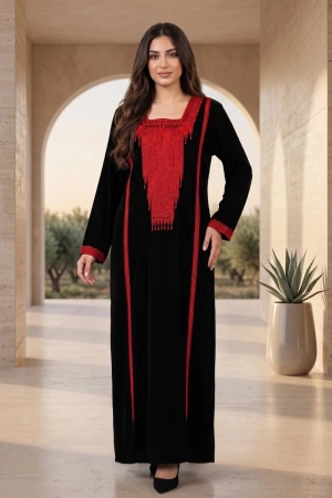 جلابية بناتي شمالي لون أسود بتطريز تراثي أحمر ياقة مربعة و أكمام طويلة