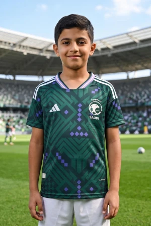 تيشيرت المنتخب السعودي شبابي لون أخضر داكن مع الشعار مزين بنمط هندسي و بزخارف ومنسوجات تراثية سعودية ياقة دائرية بلونين الأخضر و البنفسجي و بأكمام قصيرة