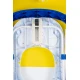 مشاية أطفال باللونين الأزرق والأبيض بمقعد و بنقوش ملونة وألعاب