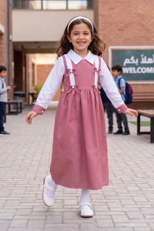 مريول مدرسي بناتي لون وردي بقميص أبيض متصل ياقة مطوية مزين بفيونكات من الأمام بزم في الخصر و بسحاب مخفي و رباط في الخلف 
