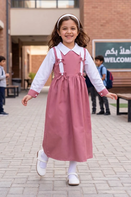 مريول مدرسي بناتي لون وردي بقميص أبيض متصل ياقة مطوية مزين بفيونكات من الأمام بزم في الخصر و بسحاب مخفي و رباط في الخلف