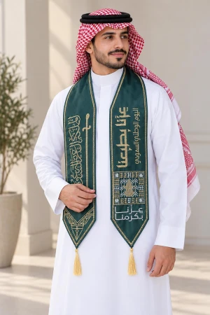 وشاح لليوم الوطني السعودي باللون الزيتي مزينة بتطريز عبارات و رسمة سيف باللون الذهبي 