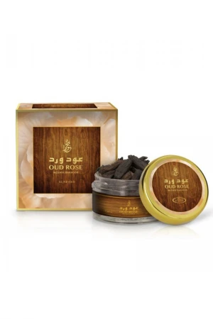 بخور عود ورد (Oud Rose)  قطع عود معطرة في علبة زجاجية دائرية بغطاء ذهبي