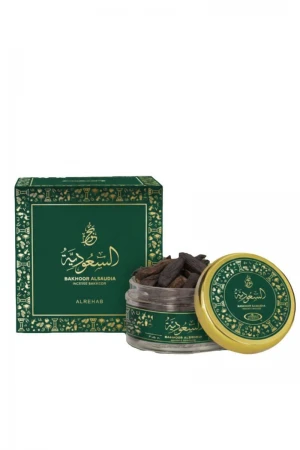 بخور السعودية (Bakhoor Alsaudia) قطع عود معطرة في علبة زجاجية دائرية بغطاء ذهبي