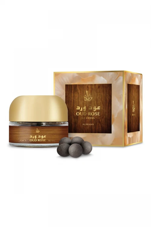 معمول عود ورد (Oud Rose Ma'amoul) كرات بخور دائرية معطرة في علبة زجاجية دائرية بغطاء ذهبي