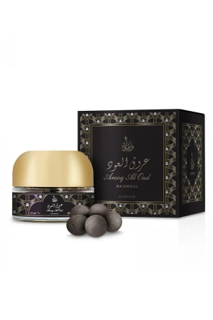 معمول عروق العود (Arooq Al Oud Ma'amoul) كرات بخور دائرية معطرة في علبة زجاجية بغطاء ذهبي