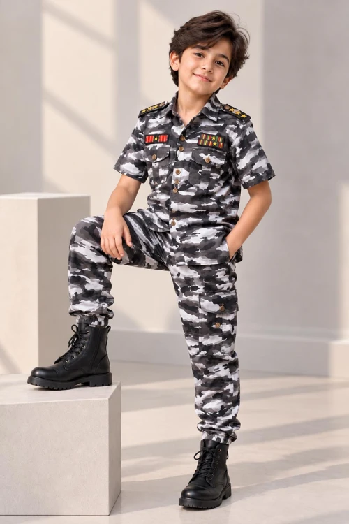 بدلة عسكرية ولادي 3 قطع تيشيرت لون بيج غامق مزين بكتابات و رسومات من الأمام مع جاكيت بأكمام قصيرة و بنطلون