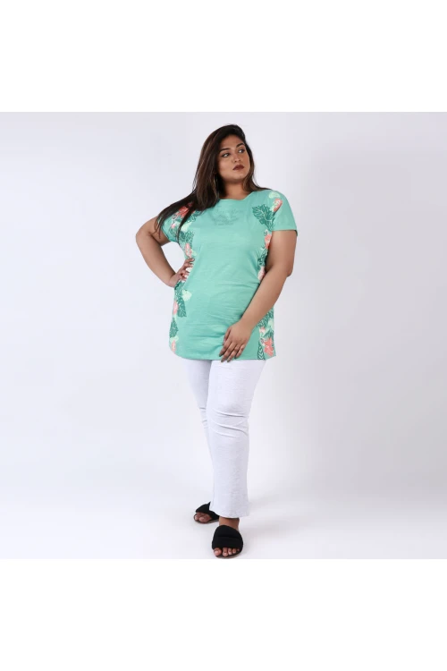 بنطلون بيجاما ساده مع تيشيرت مزين بورق شجر