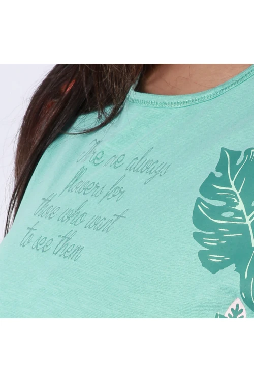 بنطلون بيجاما ساده مع تيشيرت مزين بورق شجر