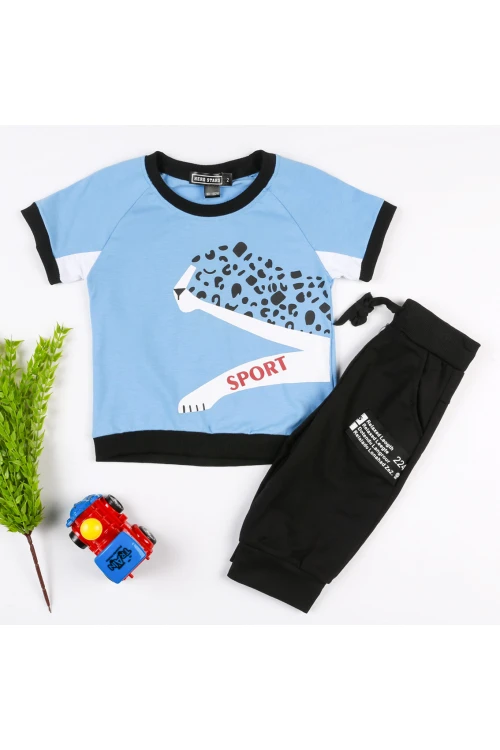 طقم تيشيرت مزين بطبعات مع بنطلون بحزام ربط