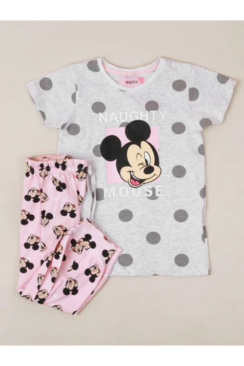طقم بيجاما بناتي منقط و مزين بطبعات ميكي ماوس