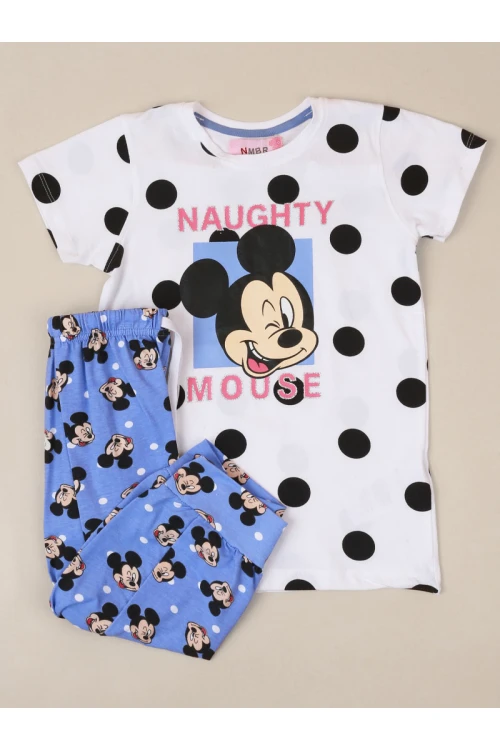 طقم بيجاما بناتي منقط و مزين بطبعات ميكي ماوس
