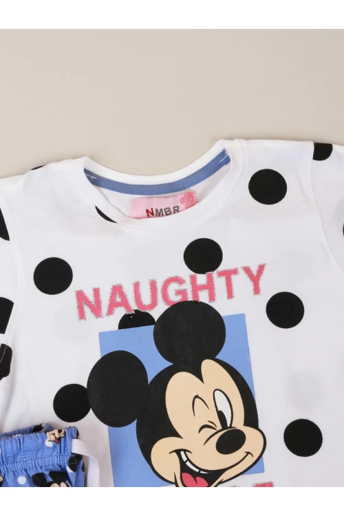 طقم بيجاما بناتي منقط و مزين بطبعات ميكي ماوس