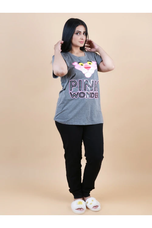 طقم بيجاما بنطلون ساده مع تيشيرت بأكمام قصيرة