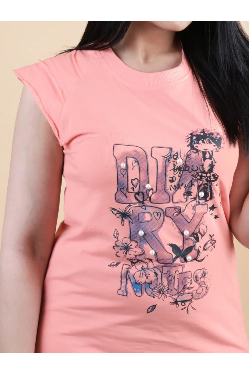 بنطلون بيجاما بفتحة جانبية مع تيشيرت بطبعات