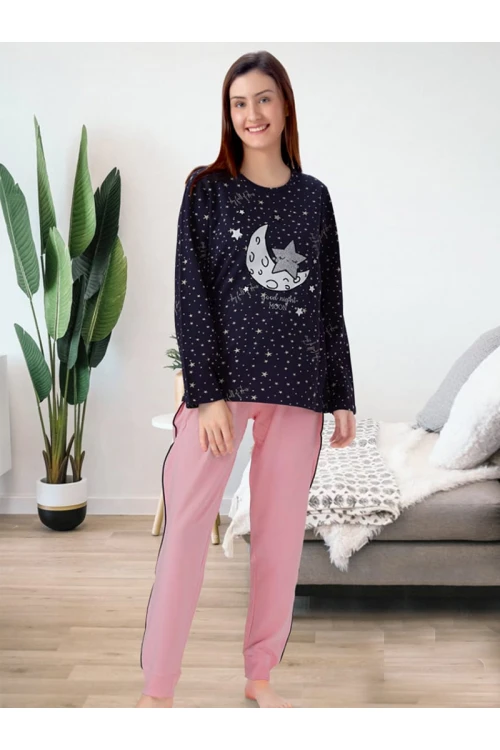 طقم بيجاما بنطلون بخط جانبي مع تيشيرت بأكمام طويلة لون كحلي