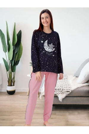 طقم بيجاما بنطلون بخط جانبي مع تيشيرت بأكمام طويلة لون كحلي