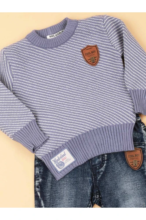 طقم بنطلون جينز مع بلوفر مضلع بأكمام طويلة