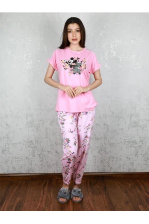 بيجاما بنطلون مزين بطبعات مع تيشيرت بياقة مستديرة