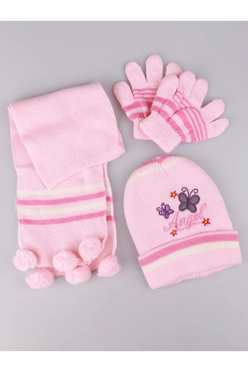 طقم شال مع قبعة و قفازات مزينة بطبعات