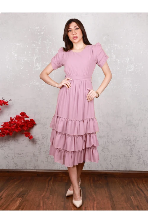 فستان سادة طبقات بأكمام قصيرة كشكش