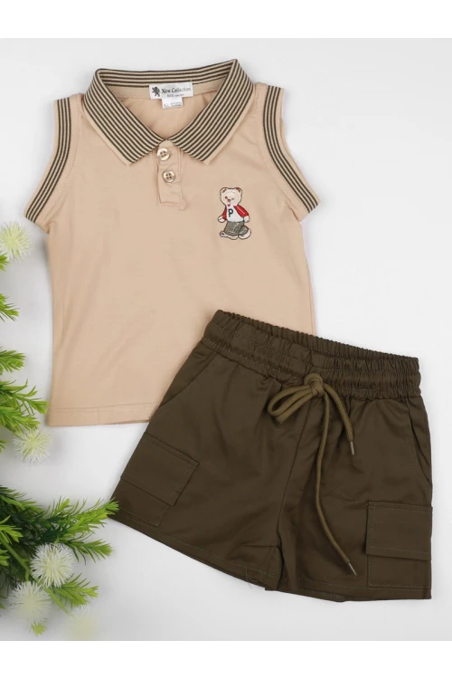 طقم شورت مع تيشيرت دون أكمام و ياقة مخطط