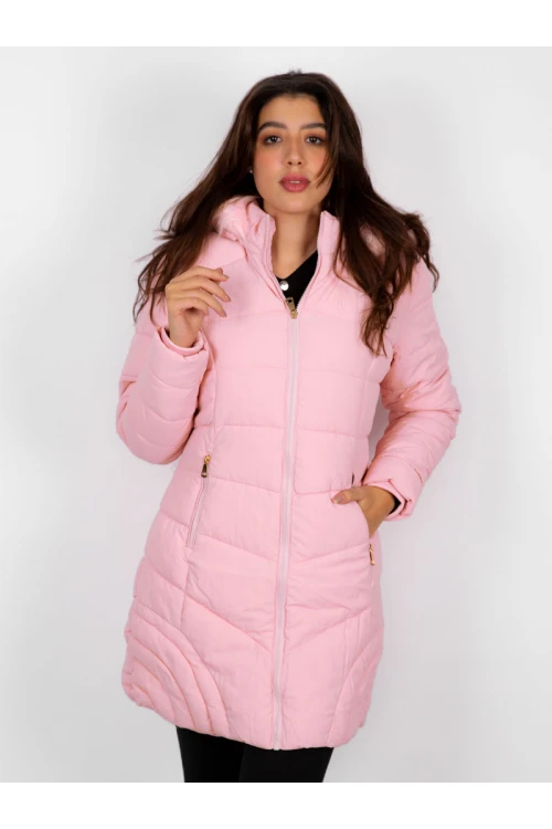 جاكيت شتوي متوسط الطول بقبعة فرو