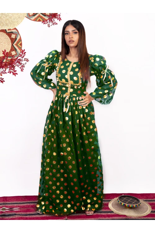 جلابية يوم التأسيس مزمومة الخصر بطبعات ذهبية