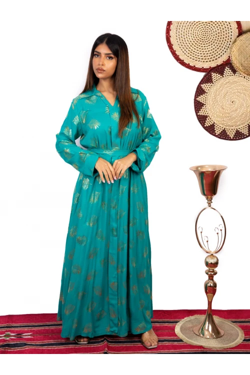 جلابيه كم طويل مع حزام بطبعات