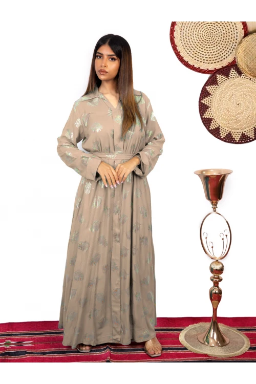 جلابيه كم طويل مع حزام بطبعات