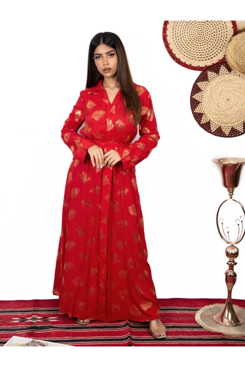 جلابيه كم طويل مع حزام بطبعات