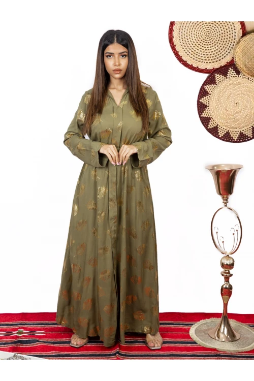 جلابيه كم طويل مع حزام بطبعات