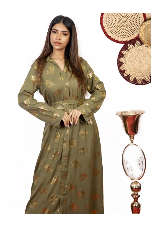 جلابيه كم طويل مع حزام بطبعات