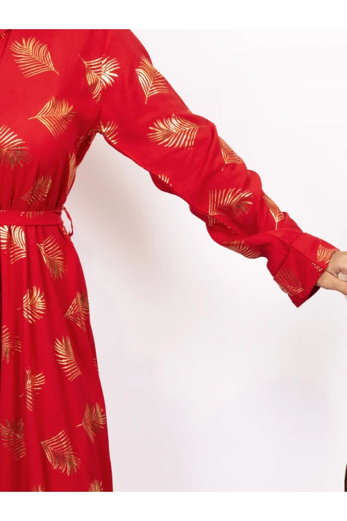 جلابيه كم طويل مع حزام بطبعات