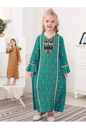 جلابية بناتية بطبعات وزخرفة ذهبية