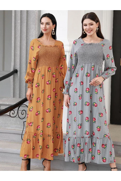 جلابية قطن طويلة بأكمام طويلة ونقشات