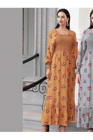 جلابية قطن طويلة بأكمام طويلة ونقشات