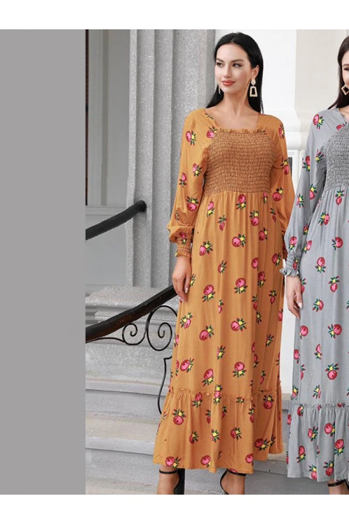 جلابية قطن طويلة بأكمام طويلة ونقشات