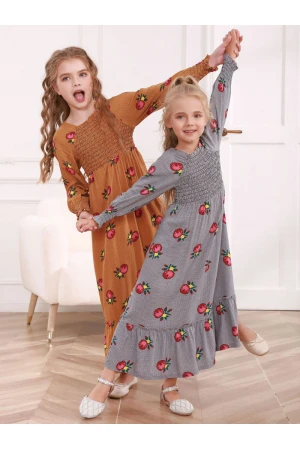 جلابية بناتية قطن  بأكمام طويلة ونقشات