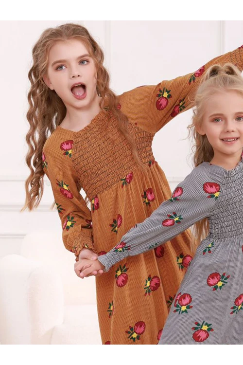 جلابية بناتية قطن  بأكمام طويلة ونقشات