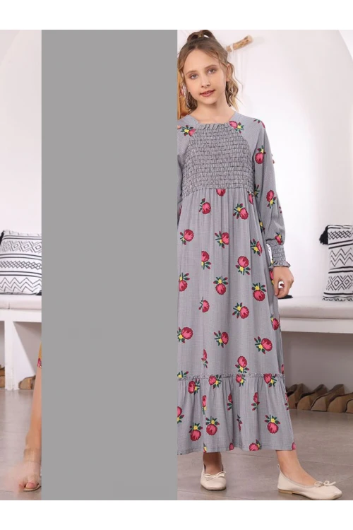 جلابية بناتية قطن  بأكمام طويلة ونقشات